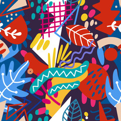 Poster - abstract collage seamless pattern, vibrant flower ornament. exotic floral 70s style graphic art. ret