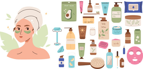 Poster - Beauty routine elements, facial brushes and stickers. Spa morning care tools, make up concealer and hair brush. Face massage item, snugly vector set