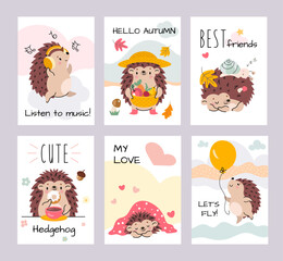 Wall Mural - Hedgehog printable cards. Cute cartoon hedgehogs sleep, in love and welcome autumn. Woodland baby creatures, animals nowaday vector posters