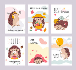 Canvas Print - Hedgehog printable cards. Cute cartoon hedgehogs sleep, in love and welcome autumn. Woodland baby creatures, animals nowaday vector posters