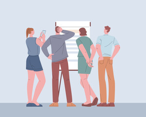 Wall Mural - People group looking at information board. Thinking person, girl take photo on smartphone. Business characters or students, young workers vector scene