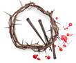 Metal nails, crown of thorns, drops of blood.  Christian Easter holiday.