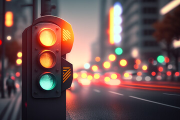 Traffic lights on fantasy city street background. AI generated image