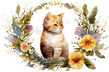 Wall Mural - Cute cat with floral wreath isolated on white background. Watercolor illustration. . Generative AI