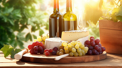 wine by the glass, two bottles of wine and a cheese assortment in the open air