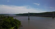 Aerial Of Bridge Over The Hudson River In Poughkeepsie New York On Bright Sunny Summer Day