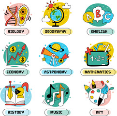 Wall Mural - lessons logo. science learning symbols with place for text recent vector templates