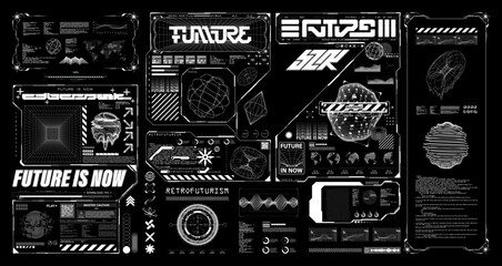 Wall Mural - Hi-tech retrofuturistic graphic elements. Cyberpunk, HUD interface, 3D cosmic shapes. Futuristic graphic box - 3D shapes, icons, HUD, UI, GUI interface elements, cyberpunk, wireframe. Vector set