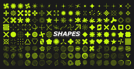 Aufkleber - Retrofuturistic icons and shapes in Y2K concept. Acid rave graphic box. Geometric trippy shapes, vaporwave 00s,90s,80s. Big set y2k elements. Graphic set for typography, merch, poster, flyers. Vector