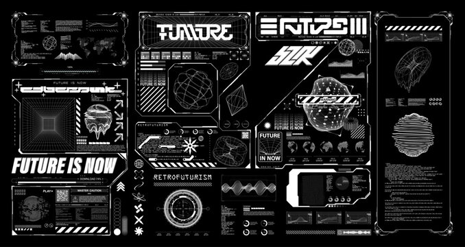 Wall Mural -  - Hi-tech retrofuturistic graphic elements. Cyberpunk, HUD interface, 3D cosmic shapes. Futuristic graphic box - 3D shapes, icons, HUD, UI, GUI interface elements, cyberpunk, wireframe. Vector set