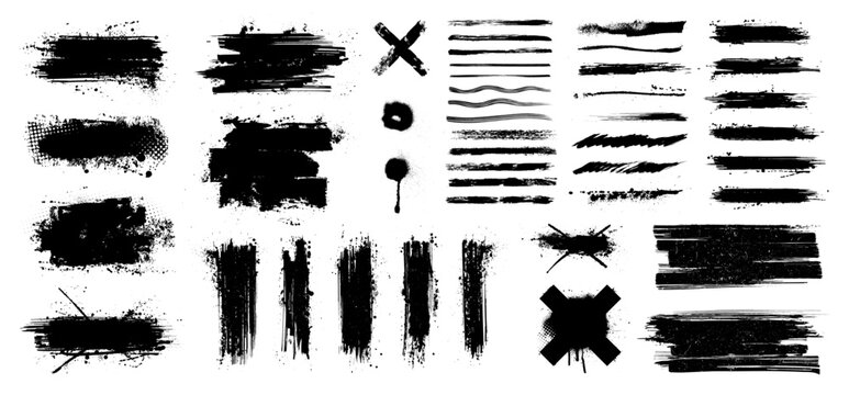 Wall Mural -  - Ink brush stroke, paint brush, grunge drop bolts and spray effect. Paint set black ink brush stroke for text. Dirty artistic graphic box. Grunge splashes, dirt stain, grunge spray, drops bolts. Vector