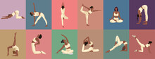 Set Of Black Girls Doing Yoga Fitness Exercises In Different Poses And Milk Clothes On Pink Green Brown Blue Purple Background For Apps Icons Webs Posters