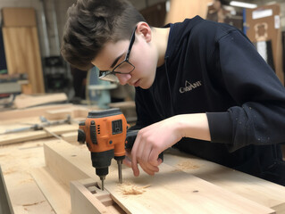 A Student using a Drill in Wood Shop Class | Generative AI