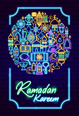 Wall Mural - Ramadan Kareem Holiday Neon Poster. Vector Illustration of Religion Arabian Glowing Concept.