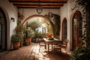 Wall Mural - Italian backyard patio with table setting, ai generative