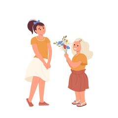 Wall Mural - Cute little girl child giving bouquet of flower to older sister congratulating her with birthday