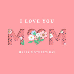 Happy Mother's day background with beautiful paper flowers. Romantic vector greeting card design.