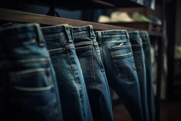 Denim jeans or pants on a shelf in a boutique clothing and apparel store or shop  Generative AI