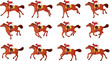 © ssstocker - Horse rider animation. Cavalier riding motion frames cycle, jockey galloping or trot running horses, run pirouette pose for race derby or medieval military cinema, ingenious vector