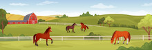 Equine Farm Landscape. Equestrian Ranch Stable Yard Running Horses, Horse Eating Grass On Summer Field, Purebred Stallion Pasture Panoramic Background Ingenious Vector Illustration