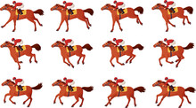 Horse Rider Animation. Cavalier Riding Motion Frames Cycle, Jockey Galloping Or Trot Running Horses, Run Pirouette Pose For Race Derby Or Medieval Military Cinema, Ingenious Vector