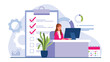 © MVshop - Vector illustration of a business woman. Cartoon scene with a girl sitting at a computer in the office, a to-do list, a calendar, a flower pot isolated on a white background.
