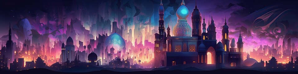 Wall Mural - cartoon illustration, fairy tale arabian night city, website header, ai generative