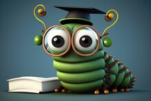 Cute Green Caterpillar Celebrating Graduation With Glasses And Hat. Generative AI