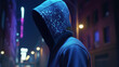 Computer hacker in a blue sweatshirt with a hood on a dark background with abstract lines. Information Security. Cheater. Darknet. Deep web. Generative AI