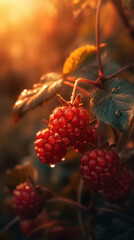 Wall Mural - Wild berries, raspberries with leaves and dew drops. Macro plan. Created by AI.