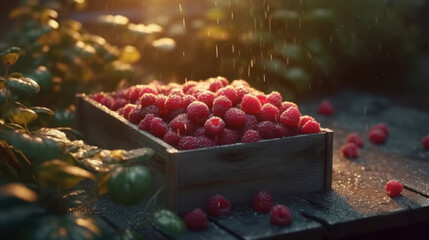 Wall Mural - Wild raspberries in a basket, fresh raspberries with leaves in a box. Created by AI.