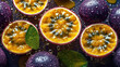 canvas print picture - Tropical fruit passion fruit. Sliced passion fruit in juicy drops.Created with AI.
