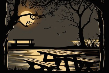 Wall Mural - serene park bench overlooking a moonlit lake. Generative AI