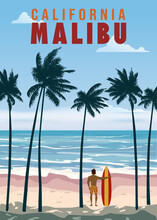 California Malibu Beach Retro Travel Poster Vector