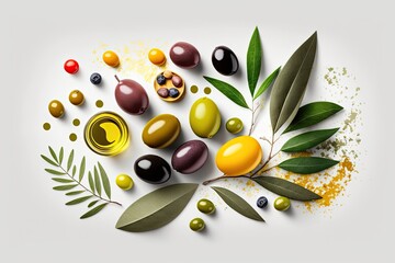 Poster - pile of freshly picked olives and green leaves on a white background. Generative AI