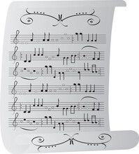 Creative Of Piano With Music Notes And Musical Note. Vector Illustration Gray Parchment With Hand Drawn Music Notes. Object Isolated, Background.