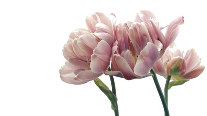 Poster - Tulips opening. Timelapse of beautiful pink tulip flowers blooming, isolated on white background. Time lapse tulip bunch of spring Easter flowers open, close-up. Holiday bouquet 