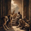 Daniel in the lion's den waiting on steps.  Generative ai