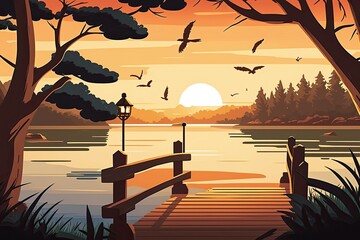 Wall Mural - scenic sunset over a calm body of water. Generative AI