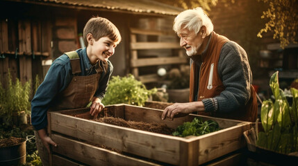 Elderly Grandfather Teaching His Young Grandson About Gardening - Generative AI.