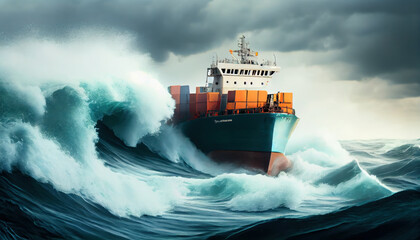 Cargo ship in the open sea stormy weather and brakin. AI generated