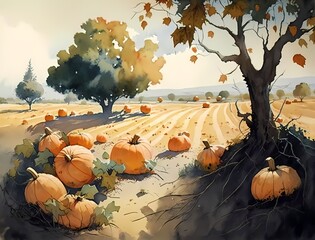 pumpkin patch watercolor, generative ai