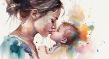A Watercolor Drawing Of A A Mother And Child Together, Illustration With Generative Ai