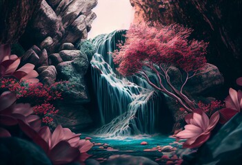 Wall Mural - waterfall outdoor with pastel colors of spring illustration generative ai