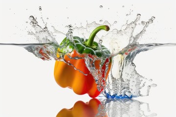 Sticker - red bell pepper falling into a pool of water, creating a splash. Generative AI