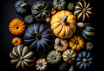 Wall Mural - Top view of pumpkins in various colours on black background. Generative AI