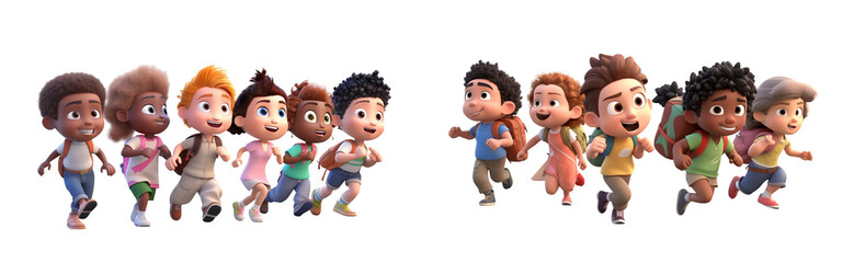 Set of 3D cartoon character cute Happy school kids or students kids carry a bag, with Friends running back to school having fun together, full body person isolated on white, ai generate