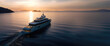 luxury yacht sailing in the middle of the sea beside an island and mountains in the horizon at sunset as wide banner with copyspace area for text - Generative AI