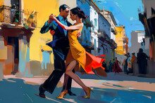 Couple Dancing Tango On Street In Argentina, Colorful Town, Retro Futuristic Style, AI Generative Illustration