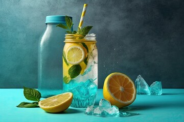 Sticker - refreshing summer drink in a mason jar with lemon and mint. Generative AI